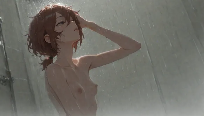 25 years old girl, solo, 1girl, skinny, (natural perky chest), (very messy hair), (short hair), (low ponytail), (in shower:1.5), frosted glass, (body outline), (no details:1.3), head thrown back, washing head, (in fog:1.3), dim lighting, 3/4 view, dutch angle, fog, in, the, <lora:SDXL_Fog_Sa_May_V2:.8>