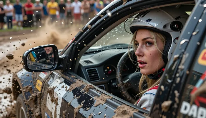 ultra-detailed rally scene, camera mounted just outside the driver's side window, fender height, capturing a three-quarter view of the car sliding through a muddy corner. Inside, a confident woman driver mid-drift, head turned slightly, eyes locked on the side mirror. Face sharply in focus with micro skin texture and subtle grit, helmet on with strands of blonde hair escaping, mud and water spraying in arcs, dramatic contrast, high saturation, crisp textures on metal, rubber and flying dirt, airborne dust catching light. Background crowd slightly motion blurred, energy and speed palpable. Premium photorealism, strong facial clarity, tactile detail throughout.