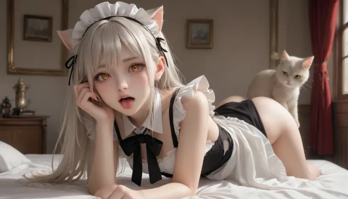 front-left view of a tall 12-year-old catgirl, she stands on the bed on all fours and stretches like a real cat cutely sticking out her tongue a little, small fangs like those of a cat are visible in the wide open mouth, preparing for penetration in the throat, ultra-wide open mouth, transparent lubricates gel leaking from tongue, white hair, orange eyes, luminous eyes, cross-shaped pupils, she is very hot, athletic build, slim waist, small boobs, diaona, girl, dress, cat, ears, eyes, heart-shaped, pupils, maid, headdress, hair, bow, <lora:xl_diaona cat girl-000014:.5>, <lora:Nyarutoru_xl:.5>