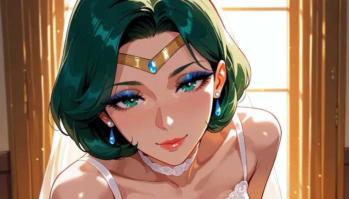 sailor mercury as milf, wedding dress, skinny tiny face, much warm bright light, smokey eyeshadow, slender, flashphoto, highest quality, super detailed images, high resolution