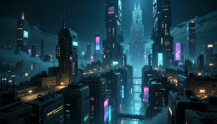 masterpiece, top quality, (raw photo:1.2), breathtaking cyberpunk epic wide-angle establishing shot, an immense hyper-detailed dystopian metropolis at midnight. Towering vertical city canyon with infinite depth and scale. Colossal megastructures pierce dense glowing neon smog, endless layers of stacked