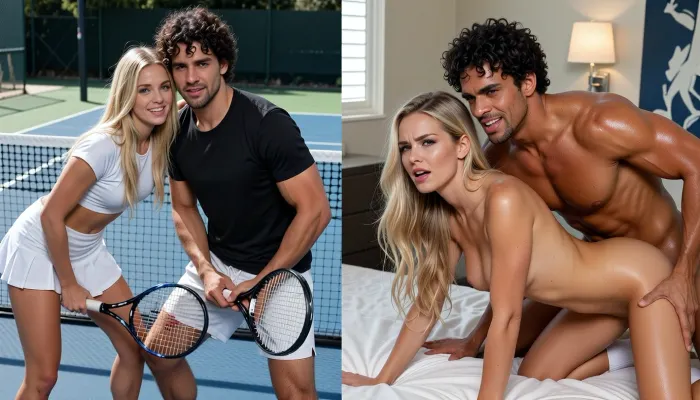 photorealistic split screen side by side image of the exact same couple from reference, beautiful blonde woman with long blonde hair, same face, same body, handsome mixed-race man with curly dark hair, short beard, athletic build.

LEFT SIDE, (before), both fully clothed on a sunny tennis court, woman wearing white tennis top and short white tennis skirt holding a racket, man wearing black t-shirt and white shorts holding a racket, both in tennis ready stance, smiling, tennis net and court in background.

RIGHT SIDE, (after), same couple completely naked having passionate sex, woman feeling pain, woman on all fours, man behind her in doggy style, intense expressions, sweat, motel bedroom or bathroom setting, detailed anatomy.

same faces and bodies on both sides, highly detailed, consistent characters, 8k, cinematic lighting