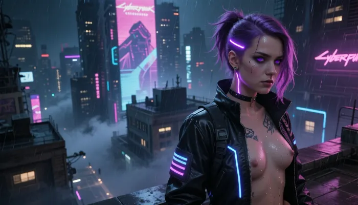 A masterpiece, top-notch quality, ultra-detailed rendering, cinematic lighting, sharp focus, Night City, cyberpunk, a beautiful young punk woman standing on a city street at night, with a serious and calm expression on her face, her purple punk hair pulled back into a small ponytail, her bright purple cybernetic eyes shining, a thin, glowing purple line from a neural implant on the side of her head near her ear, piercings, she’s wearing a black cyberpunk tactical jacket with a zipper zipped down, glowing neon stripes—blue and purple—fog hovers between the buildings, looming, gloomy megastructures, holographic billboards, and neon signs in shades of pink, blue, and purple, a dark, cinematic atmosphere with high contrast
Ultra-high quality, 4k brilliant picture, Ultra-detailed, hyper realistic, best quality, ((ultra wide angle, bird view)), in style of the game „cyberpunk 2077“, (female hacker in right part of the picture), purple colored hair, long messy wavy hairstyle, neon pink parts, partially nude, standing on the roof, holographic „hacking“ lines, in background, {big city, cybercity, giant holographic ads, ambient neon lights, } rainy night, dark ambiente, (bokeh), Womans body slightly wet from rain, water droplets beading down her chest