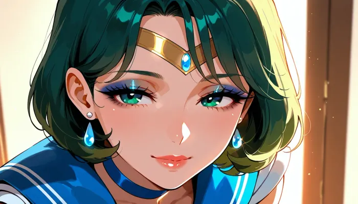 sailor mercury as milf, skinny tiny face, much warm bright light, smokey eyeshadow, flashphoto, highest quality, super detailed images, high resolution