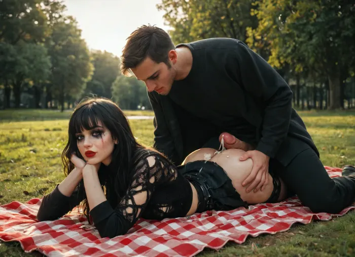 ((side front view)), gothic, darkness atmosphere, outdoor, 20yo girl with 40yo man, men fully clothed, picnic, on blanket a park, sunny day, golden light, girl have pale skin, dark black eyes, black hair, bangs hair, black eyeliner, black lipstick, prone bone, shy, ruined mascara, blushing, sweaty, drooling, huge creampie, black handcuffs, hard rapped, waist, hourglass figure, assjob, dick between her, dick on hers, buttjob, massive ejaculation, cum on ass and back, black fishnet transparent ripped top, fishnet ripped stockings, man hard grabbing her head, ohwx, woman, Dark, Fantasy, page, <lora:ortega_sdxxxl_dh128_v1:.8>, <lora:Dark Fantasy:.8>