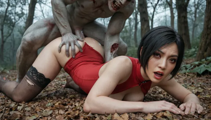 Ada wong from resident evil, Beautiful japanese woman, wearing ripped long red tight dress exposed breasts and black stockings, black short hair, perfect body, perfect silky smooth skin, gorgeous face, frightened, caught by a zombie, getting fucked by undead man with pale rotted flesh, zombie cock deep in her pussy, zombie ripping her clothes off, zombie face flesh falling off his face, his undead cock cumming in her pussy. Face down ass up, (Scary woods background)