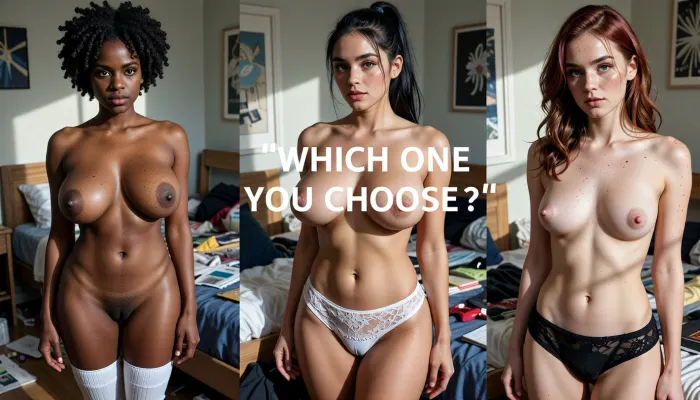 Ultra realism, 8k UHD, ultra detailed, cold natural lighting, sunlight illuminating a messy university student bedroom, perfect shadows. Picture divided in three parts. On the left side of the picture, Cute, shy, timid, goofy, wife, standing up, (nigerian, ulatra black skin woman, 25yo, makeup, spots, skin imperfections, afro brunette hair, square jaw, very clear green eyes, afro nose, natural sagging big breast, average waist, very wide hips, chubby thighs, chubby belly), she's wearing white thong, topless, white textured high socks, full body shot. On the right side of the picture, (nordic, pale white skin woman, 25yo, no makeup, freckles on her face, subtile skin imperfections, weavy redhead, high cheekbones, big clear brown eyes, long nose, natural small breast, slim waist, slim hips, slim thighs, flat belly), she's wearing a black lace panties, full body shot. On the center of the picture, (latina, dark skin skin woman, 25yo, no makeup, freckles on her face, subtile skin imperfections, long dark hair, mid long hair in a ponytail, high cheekbones, big clear blue eyes, natural big breast, slim waist, whide hips, slim thighs, flat belly), she's wearing white lace panties, full body shot . "WHICH ONE YOU CHOOSE ?" Medium text on the center of the picture.