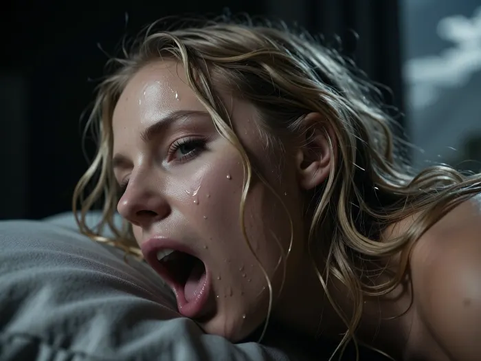 Imagine an extreme ultra close-up where the face of a stunning woman, 28 years old, she screams in pleasure, almost fills the entire frame, edges of her head extending past the borders, her face presses into a soft pillow, then lifts just a few centimeters, pores and lashes crisp, damp strands clinging to her temple, a light sheen of perspiration catching the faintest light, Wet and sweaty long blonde corkscrew curls messily spread around her head, strands clinging to her skin Her breathing is intense, expression charged, quiet determination and release, conveyed only through subtle facial tension and minute motion. The palette is desaturated low key, with deep blacks and high contrast. Only the faintest cool moonlight filtered through clouds and a curtain grazes one side of her face, casting deep dramatic shadows that reveal just the contours, everything beyond her face dissolves into blackness. Masterpiece, ultra photorealistic cinematic finish, subtle film grain, exceptional micro contrast, ultra shallow depth of field