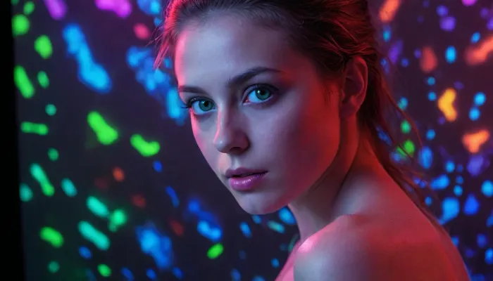 Create an extraordinary fine-art photograph of a beautiful naked female captured entirely under ultraviolet blacklight, with authentic fluorescence physics and extremely realistic photographic behavior of her whole naked body.

Make the fluorescence the true subject of the photograph.
Use physically believable fluorescence, intense electric violet, ultraviolet blue, cyan, turquoise, emerald green, radioactive-looking yellow-green, hot magenta, coral, orange, and spectral red emissions appearing only where materials genuinely fluoresce. Some materials should glow intensely while others remain almost completely black, creating dramatic contrast and revealing hidden patterns invisible under normal lighting.


The blacklight itself must remain mostly invisible, producing an eerie ultraviolet environment rather than ordinary colored stage lighting. Avoid generic neon lighting. Avoid artificial RGB illumination. The visible colors must appear as emitted fluorescence, not painted-on neon.

Capture the image as if photographed with an elite full-frame professional camera using a high-end macro/portrait lens, exceptional optical quality, realistic depth of field, precise focus falloff, physically accurate lens behavior, subtle chromatic aberration, natural diffraction, realistic bokeh, microscopic surface detail, nuanced exposure roll-off, rich shadow information, and extraordinary dynamic range.

Preserve deep, almost absolute blacks while retaining intricate information inside the darkest regions. Fluorescent highlights should bloom organically without destroying their texture. Introduce subtle halation around the brightest fluorescent areas, delicate lens glow, realistic sensor response, slight photon noise, extremely fine film grain, and authentic long-exposure photographic character.

The composition should feel mysterious, scientific, alien, surreal, and beautiful at the same time, as though a hidden fluorescent ecosystem has suddenly been revealed inside an ordinary world.
Emphasize, ultraviolet fluorescence, spectral emission, blacklight photography, photochemical realism, luminescent textures, microscopic detail, darkness versus radiant color, subtle reflected fluorescence, translucency, material-specific glow, organic imperfections, high contrast, deep shadows, spectacular color separation, dimensional lighting, atmos