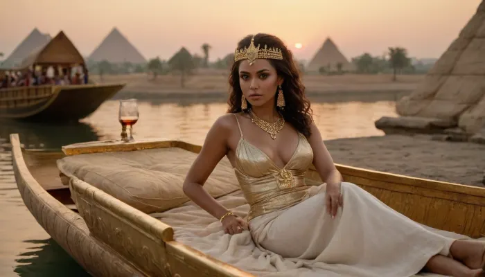 A fictional Nile queen reclining on a gilded lotus barge, diaphanous linen dress slipped to show hip and expose boobs with nipples and beautiful woman legs, also is seductive, heavy kohl, wide gold collar, servants pouring wine, papyrus reeds and pyramids at sunset, lush cinematic luxury.