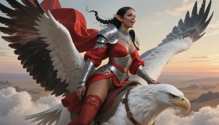 A cinematic wide shot, (beautiful elvish princess in intricate silver filigree armor riding astride the neck of a giant white eagle, flying in the clouds:1.3), giant eagle wings flap on each side of her, (eagle is huge:1.3), elegant elven features, luminous skin, braided silver in her dark hair, ornate filigree armor, flowing red silk robes, pointed ears, regal posture, joyful expression on beautiful face, dark tan skin, braided black hair, red silk bodice, red lace stockings, red lace garter belt, elegant, plumb pussy with little public haor slightly exposed on side of dress, dynamic pose, elf ears, perfecteyes, in full view, .

Oil painting style, Greg Rutkowski inspired, ethereal, cinematic lighting, hyper-realistic, 8k resolution, intricate detail, high fantasy aesthetic, barren sunset landscape.