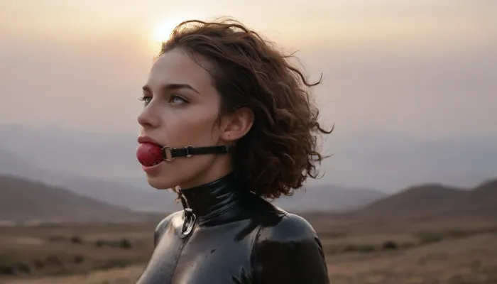 4K UHD, realistic masterpiece, maximum quality, maximum details, maximum realism, high resolution, one female, dutch landscape with dutch windmills, ((she wears black latex catsuit bdsm)), she wears black bdsm cat mask, (Perfect face), long curly black hair, ((ball-gag)), perfect hands, (((A dynamic action shot of a focused woman guiding a white horse forward with quiet authority through a dusty trail during sunset, dramatic side lighting, high detail, photorealistic))), ((horse)), uncovered boobs, big hips, ((BDSM collar)), small perky breasts, saggy boobs, puffy nipples, nipple piercings, clear cutout, clothing, gag, <lora:Saggo_XL:1.5>, <lora:2BoutOvalSDXL2-000002:.5>, <lora:gagged-4e:1.2>, <lora:Kandyland:1.1>, RiHorse, view_distance_5_meters, front_view, half_front_view, side_view, galloping, <lora:RideHorse.0.9:.8>