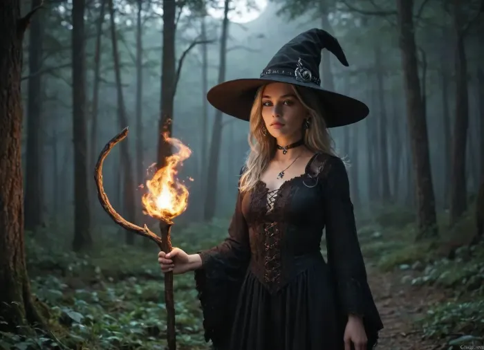 A highly realistic and detailed digital painting of a beautiful witch in a black leather dress with intricate lace-up details. She wears a large, bent witch's hat with a silver buckle. Her piercing eyes and long, wavy silver hair give her an enchanting look. She holds a mystical staff with a twisted wooden design and a glowing star-shaped ornament at the top. Her accessories include a black choker with a crescent moon pendant and matching star-shaped earrings. The background is a dark, foggy forest with eerie, twisted tree branches, creating a magical and mysterious atmosphere. Ultra-detailed, cinematic lighting, dark fantasy style, bright, blue, <lora:bright_blue_eyes:.8>, Rainbowiridal, Spiral, rainbowiridal, eyes, palette, Shiny..., Bright..., Intense, gaze, Fire, dragon, Amber, cat, Anthro..., woman, Genetically, modified..., <lora:Stunning_eyes_2:.8>