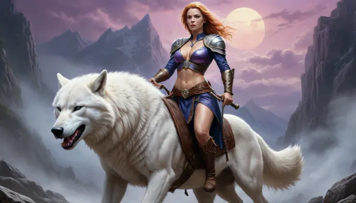 (((fantasy art, fantasy setting, medieval entourage, mystique atmosphere), (in Boris Vallejo art style), bright solid colors, minimal detail, no color gradient, old anime style, low details)), each color is solid and separated from the other by a thin line of a darker shade, (saturated bright colors, high definition image, high contrast colors), oil painting.

beautiful female viking warrior, hard body nordic beauty, riding on large white dire wolf in dark rocky mountains, purple-blue sky, ((white wolf:1.4), long white fur, powerful clawed paws, fanged mouth)