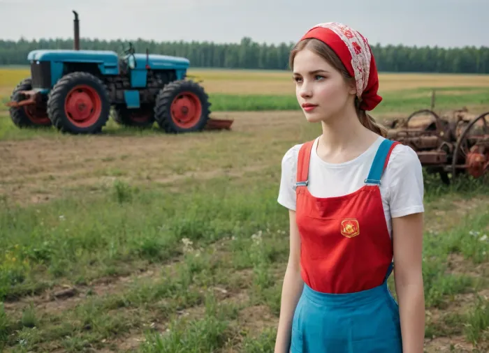 ((soviet propaganda poster style, bright solid colors, minimal detail, no color gradient, old anime style, low details)), in kolkhoz fields, in front of old tractor, hard body russian village girl, about 20 year old, short flower print sundress, white kerchief on head, talking to fellow in cap and overalls