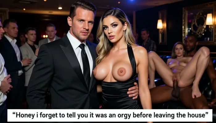 score_9, score_8_up, score_7_up, ultra-realistic photo of a handsome elegant man in his 30s wearing a perfectly tailored black evening suit with a white shirt and black tie, standing closely next to a stunning 33-year-old woman with goddess-like body in a luxurious swingers club. The man is holding the woman by the waist with his arm around her.
The woman has long blonde hair with dark roots, glamorous makeup and a seductive expression. She is wearing a tight black halter dress with an extremely deep plunging neckline that showcases her wide-set splaying outward 34H+ heavy massive breasts with severe breast ptosis, oversized large dark areolae and pierced nipples.
Both are looking at the camera with confident and sensual expressions.
In the background of the dimly lit swingers club, several people are watching. Clearly visible behind them, a naked couple is having sex, a woman lying on her back with her legs spread wide and a muscular Black man on top of her, penetrating her.
Luxurious club atmosphere with warm lighting, photorealistic, highly detailed skin and clothing texture, 8k, perfect body, perfect hands, perfect 5 fingers, perfect legs, perfect feet, perfect face, perfect mouth, perfect eyes, generate 4k detailed picture, high res, improve rendering quality and accuracy, ultra-realistic with high detail, high detail, maximum resolution, best photo quality, TTSR2, enhancement improve anatomy, improve generation quality, improve detailed image quality, sharp image, lifelike texture, NSFW picture. Big white text box at bottom reading, " Big white text box at top reading, " Honey i forgot to tell you it was an orgy before leaving the house "