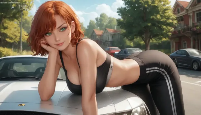 Sexy busty-Mechanic manhandles car, black sports bra loosed up slightly revealing large cleavage, grease smudges on shiny skin. Pose Bent over the hood of a car, looking back with a smirk. Appearance Freckled redhead with a short hair, bangs, green eyes, lean toned build with large cleavage. in auto-garage with tools and cars around., large, breasts, big, boobs, huge, tits, <lora:209970_training_data:.8>, <lora:bombshell_v2:.8>