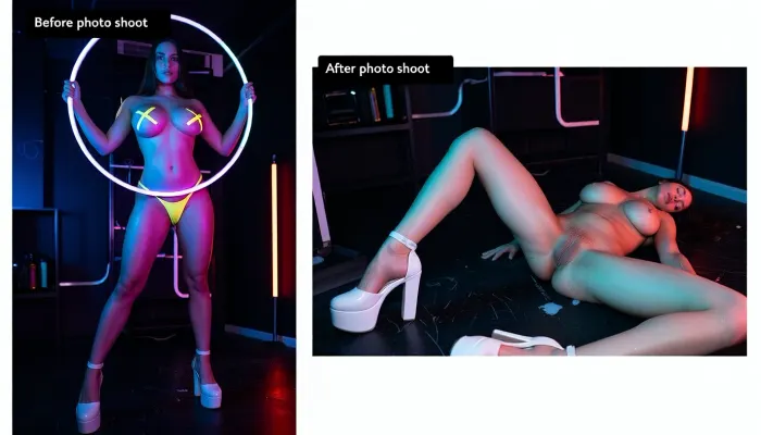 score_9, score_8_up, score_7_up, (same 33yo cheating woman with long hair brunette, two pictures), left picture show a full body shot of an extremely sexy and erotic 33 yo woman in a completely pitch-black room, only illuminated by intense UV blacklight and vibrant neon LED lights, deep darkness everywhere except the glowing neon sources, her skin glowing with purple magenta blue pink purple green and red reflections from the neon, holding a large glowing multicolored neon hula hoop in front of her body with both hands, framing her torso, wearing a glowing yellow micro high-cut thong that shines brightly under the UV light, yellow X-shaped glowing pasties covering her nipples and white high-heeles platform shoes, her massive heavy breasts pressed against the hoop, seductive pose, soft wet shiny skin, erotic atmosphere, cyberpunk neon glow, dark background with abstract neon lines and vertical orange red light tube, dramatic UV lighting only, no other light sources, on top is a black text box reading "Before photo shoot", on right picture same woman lying sleeping exhausted on the floor of the pitch-black room always illuminated by UV blacklight and vibrant neon LED lights with her very huge heavy massive breasts and flat stomatch, only show pussy and legs, her legs are very wide open, her arms are spreaded from the floor of the pitch-black room, on top is a black text box reading "After photo shoot", her pussy is leaking white and thick cum, her head is tilted back to her neck, her head tilts downwards from the on floor of the pitch-black, no face, after brutal sex, her heavy stretched pussy is full of cum, cum on legs, her micro high-cut thongg is pulled down to her ankle, white high-heeles platform shoes, (woman with wide-set splaying outward 34H+ heavy massive breasts), oversized large dark areolae and severe breast ptosis, pierced nipples, pierced navel, pierced clitoris, perfect body, perfect hands, perfect 5 fingers, perfect legs, perfect feet, perfect face, perfect mouth, perfect eyes, generate 8k detailed picture, high res, TTSR2, enhancement, improve rendering quality and accuracy, ultra-realistic with high detail, high detail, maximum resolution, best photo quality, improve anatomy, improve generation quality, Djaissy, improve detailed image quality, sharp image, lifelike texture, NSFW picture