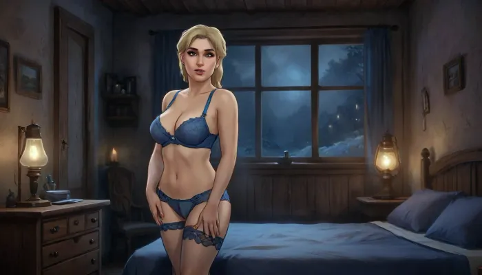 (one woman, Haelga from Skyrim, mature 40 year old, scandinavian, blonde medium hair with ponytail, medium breasts, curvy body, seductive smirk), (wearing blue lace lingerie, garter belt, fishnet stockings), (inside medieval wooden bedroom, window behind bed, night), (standing, sexy provocative pose, hands behind head or on hips), close view, (artwork, digital painting, fantasy art, loading screen art style), <lora:SumTim:.1>, <lora:J_cartoon:.2>, <lora:Sinister_Style_SDXL:.1>