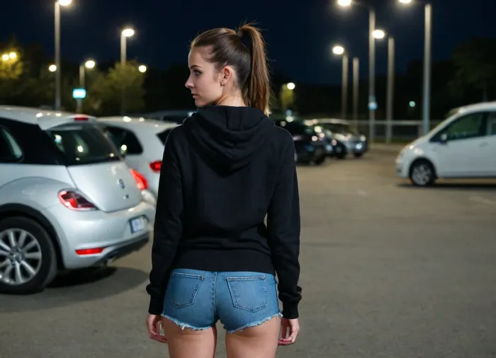 night-time, dark, streetlights, close-up. 25 years old. black hoodie, ultra high details, brunette hair in high ponytail, front view, small firm tits, petite body, denim tight shorts, very tiny shorts, midriff showing, extreme details, golden hoop earrings, rear side view, (((walking towards a VW Beetle in car park at night))), nightime, moonlight, standing for viewer, looking directly at me, eye-contact, giving middle-finger gesture, latex, matte, shiny, inflatable, looking, at, viewer, (middle_finger), <lora:shinylatex-merged:.8>, <lora:looking_at_viewer:.8>, <lora:Middle_finger_XL:.8>