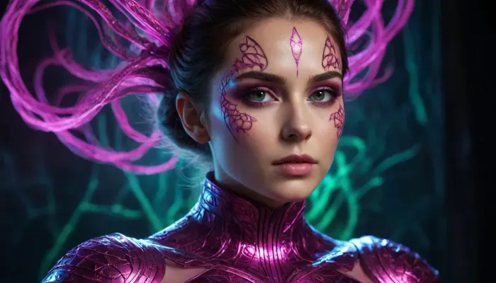 Pathweaver
A striking woman with sharp cheekbones and an intense gaze, her skin painted in glowing magenta and acid-green fractal patterns that pulse brighter than Kael's own markings. Unlike Kael's sharp cyan-orange present-tense glow, Vesh's pigment seems to shift and ripple like liquid light, hinting she can see all points of the fractured timeline at once. She wears minimal UV-reactive fabric wrapped like ceremonial armor, catching blacklight in threads of electric violet. She doesn't have an echo — she doesn't need one.