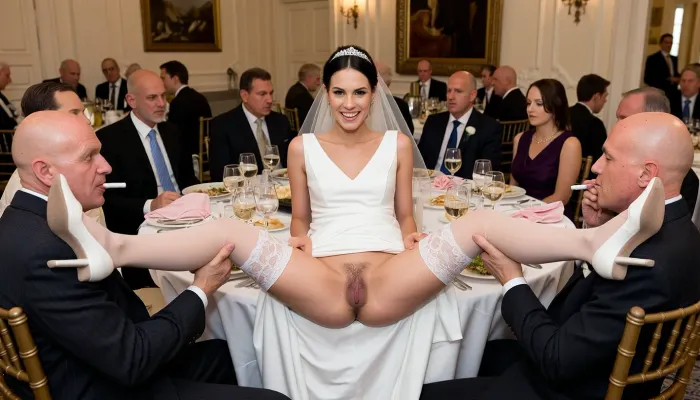 Preserve exactly the woman's face, hair and full identity from the internal image.A realistic photograph of a provocative and unconventional scene at a formal wedding reception, centered on a bride sitting at a large round banquet table. The bride, a young woman with dark hair tied back, a silver tiara, and a sheer white veil, smiles directly at the camera with a cheerful expression. She is wearing a white, sleeveless V-neck wedding gown and has her legs spread wide apart, held up by two older, balding men in dark pinstriped suits sitting on either side of her. The man on the left holds her thigh and knee, while the man on the right holds her calf, both men are in the middle of smoking cigarettes. The bride uses both hands to pull up the skirt of her dress, fully exposing her lower body, white lace-topped thigh-high stockings, and genitals which feature prominent dark pubic hair. She wears elegant white pointed-toe high-heeled pumps. The setting is a classic, upscale ballroom with cream-colored walls, architectural molding, and large framed paintings in the background. The round table is covered in a crisp white linen cloth and is crowded with guests in formal attire, including men in black suits and ties and women in evening dresses. The table is cluttered with clear wine glasses filled with white wine, water tumblers, plates of food, and pink cloth napkins. Some guests look toward the central act while others appear engaged in their own conversations. The lighting is characteristic of a sharp, direct camera flash typical of event photography, creating bright highlights and distinct shadows that give the scene a flat but very clear look. The image is captured from a straight-on, eye-level perspective using a wide-angle 24mm lens to encapsulate the entire breadth of the table and the surrounding guests. The depth of field is relatively deep, keeping the majority of the guests in the mid-ground in focus alongside the primary subjects. The color grading is natural with a slight warmth from the indoor ambient lights, contrasting with the stark white of the bridal attire and the dark tones of the suits. Every texture, from the fine lace of the stockings to the grain of the wooden chairs and the sheen of the satin dress, is rendered with high-definition clarity, producing a raw, documentary-style aesthetic.