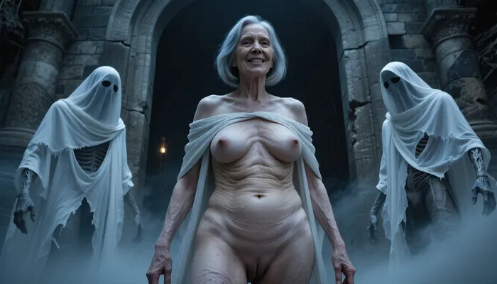 (an aged fat woman, 70 years old:1.8), . Her skin a 70-year-old woman. The old lady has grey hair, (very Small, long, and very saggy breasts:2.8), ((very detailed skin)), . Hair cut in a bob. Wrinkled granny, pale skin smooth in places but extremely wrinkled in others, 100 yo. Extremely wrinkled and bony body, Saggy breasts, swollen nipples. Saggy pussy. Beautiful and happy face. Low camera angle looking up at her open pussy., (masterpiece, top quality, best quality:1.2), three eerie ghostly figures, spectral beings draped in tattered flowing white veils, shrouded entities, faceless, dark and haunting atmosphere, emerging from a monumental stone doorway, gloomy shadows, cold blue and desaturated grey tones, misty environment, ethereal, cinematic lighting, volumetric fog, ominous, gothic horror aesthetic, hyper-realistic textures, intricate fabric folds, dark fantasy art style, mysterious and chilling, sharp focus, 8k resolution.