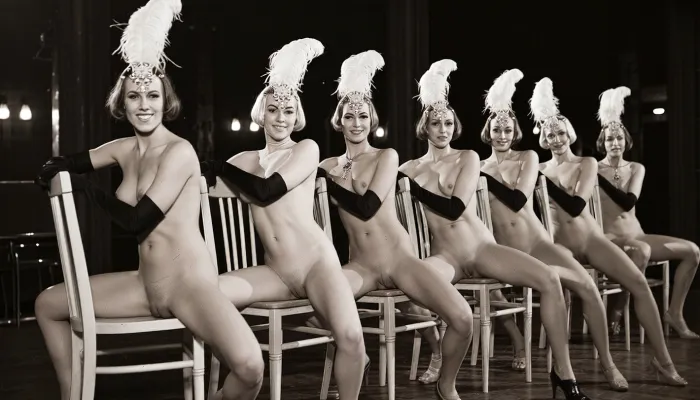 A line of seven nude showgirls in high heels, with feathered headdresses and black elbow-length gloves, striking a pose. The first showgirl on the left is closer to the camera and larger. The other showgirls are progressively smaller and further away, forming a diagonal line across the frame. They all have a similar pose, sitting on a light wooden chair with their hands resting on the top rail of the chair back. open their legs wide, presenting their vaginas. The background is dark and indistinct, with some faint lights suggesting a stage or performance venue. The overall image has a vintage, black and white aesthetic. early 20th century aesthetic, shy smile