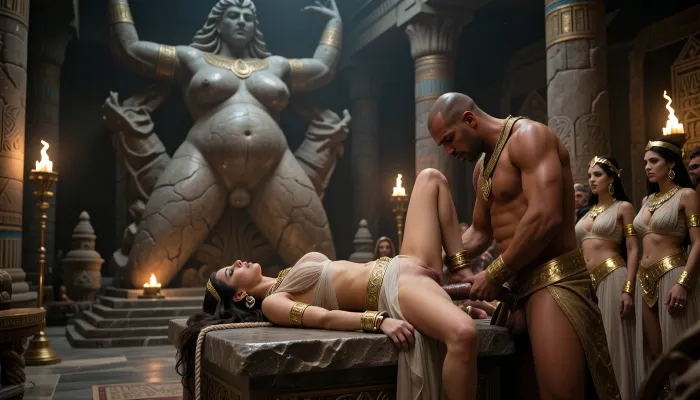 hyper-realistic masterpiece, 8k UHD, highly detailed, sharp focus, a decadent and chaotic hedonistic scene, in a babylonian temple, huge stone statue of a sexy stanging naked pregant fertility godess with huge breasts and huge hips and exposed pussy in the background, low luminosity, illuminated by braziers, indoor, In the middle of the temple there is a stone altar. on the altar a 20yo babylonian priestess in diaphaneous dress is lying on her back on the altar and she is handcuffed by ropes, she is being vaginaly fucked by a babylonian priest, some other babylonian priestess dressed in the same way are waiting her turn, golden babylonian jewelry, deep fuck, the priest dick is deep inside her pussy, deep sex, vaginal sex, priest's dick in her vagina