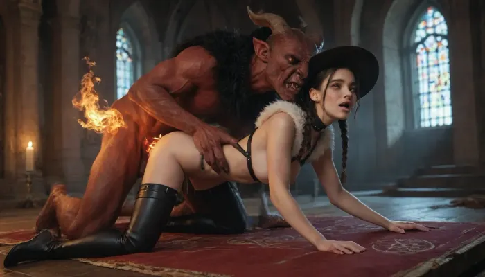 1 monster, vaginal sex, 18 year old female, slim, white, with blue eyes, wearing a frilly wizard hat, fur cape, tight leather pants and a leather harness, short braided black hair, in an abandoned church, purple magic spell, arcane magic spell, on all fours on a burning magic pentagram, doggy style fuck, fucked by a horned red demon, fucked by a tailed red demon, huge cock in her pussy, massive creampie, magic wisps of light illuminate the dark corners of the room. A large enchanted ball of light floats beside her