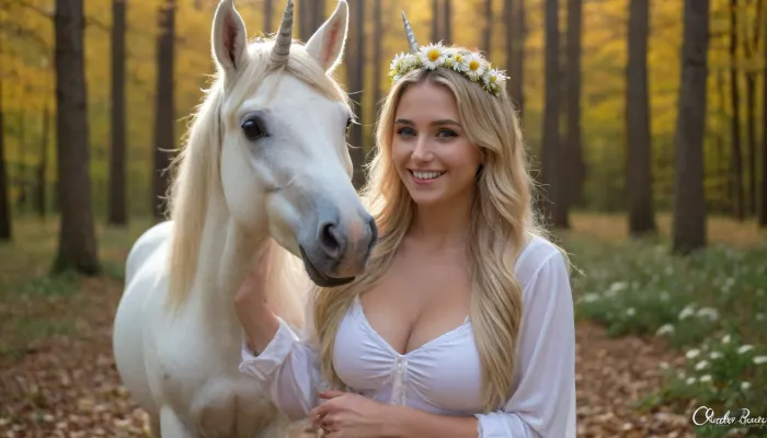 Sexy blonde, large breast, long hair, crown of daisies, open white blouse, erect nipples, unicorn, petting unicorn, smile, autumn forest.