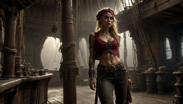 14 century, full body view of a solo beautiful 19 years old flat-chested slender female pirate being on pirate sailing ship, ((no close up:1.2)), (working on wooden pirate sailing ship:1.6), (blonde dreadlocks, wears highly detailed typical pirate clothing from the 14th century, a headscarf under the big pirate hat, open dirty cotton shirt, red vest with embroidery, coarse brown rolled-up trousers), bare midriff, brown leather boots, large earrings, full-body tattoos, black storm clouds, surprised, she looks up at a huge round and illuminated spaceship, (highly detailed Spaceship:1), surreal situation, photorealistic, <lora:Super_Eye_Detailer_By_Stable_Yogi_SDPD0:.3>, <lora:BUT_SDXL_SHS:1>, <lora:dark:.8>