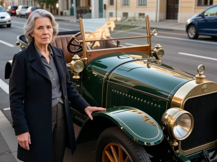 A photorealistic cinematic portrait. The present day, a modern European city, a sunny day, the golden hour. Parked on the asphalt is a magnificently restored late 19th-century racing car, an early French racer, an open two-seater body, tall wooden wheels with spokes and narrow rubber tires, brass headlights, polished brass, dark green lacquer with a thin gold trim, leather seats, and a polished wooden steering wheel. The car is in perfect condition—mirror-like lacquer, flawless chrome and brass, not a speck of dust or rust. A 70-year-old woman stands next to the car. Her face is vivid and lifelike, deep wrinkles, soft creases around her eyes and mouth, gray hair pulled back into a neat hairstyle. She’s wearing contemporary clothing, a dark coat over a simple blouse, dark pants. One hand rests on the car’s fender, the other hangs loosely at her side. Her gaze is calm, slightly ironic, as if asking, Who’s more beautiful—me or my car? The modern city in the background is slightly blurred, asphalt, modern cars. Soft side lighting, reflections in the car’s paint. A shallow depth of field, slight bokeh, the leather and paint are rendered down to the pores and glare.
