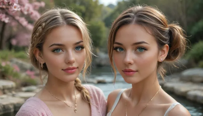 close-up, Two slim, highly attractive 25-year-old women, natural 34B bust, random dynamic poses, full body, biopunk girl aesthetic. Both have flawless oval faces with high cheekbones, smooth jawlines, perfectly symmetrical large almond-shaped eyes, long thick dark eyelashes, defined arched eyebrows, straight delicate noses, full rosy lips with defined cupid's bow, flawless porcelain skin with soft blush, subtle natural makeup, glossy lips, catchlights in eyes, realistic iris texture. Woman 1, 25-year-old biopunk girl, gradient pink hair in twin pigtails, subtle glowing cybernetic implants along collarbone, wearing a cropped pastel-pink knit cardigan over a white lace bralette, high-waisted cream pleated mini skirt, white thigh-high socks, pink sneakers, gaming headset around neck. Woman 2, light brown hair in a single braid, faint bioluminescent circuit tattoos on arms, wearing an off-shoulder sage-green linen blouse with ruffled sleeves, fitted beige tailored shorts, brown leather ankle boots, delicate gold necklace, holographic gaming gauntlet. Setting, breathtaking scenic location, blooming cherry blossom garden with stone pathway, golden hour sunlight, soft bokeh, petals drifting in air, distant mountains and turquoise lake, subtle biopunk tech elements. Photorealistic, cinematic lighting, ultra-detailed clothing textures and faces, visible skin pores, individual eyelashes, sharp facial focus, 8K, shallow depth of field, fashion editorial style, natural skin tones, elegant composition., but, <lora:BUT_SDXL_SHS:1.7>, <lora:attractive_notrigger:1.2>
