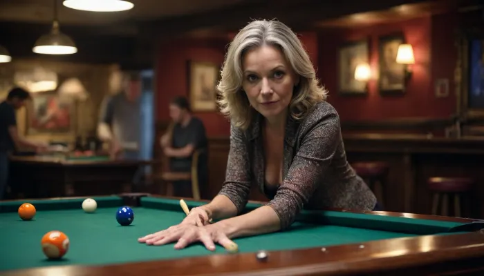 A mature woman is in a dimly lit bar, playing pool with her friends