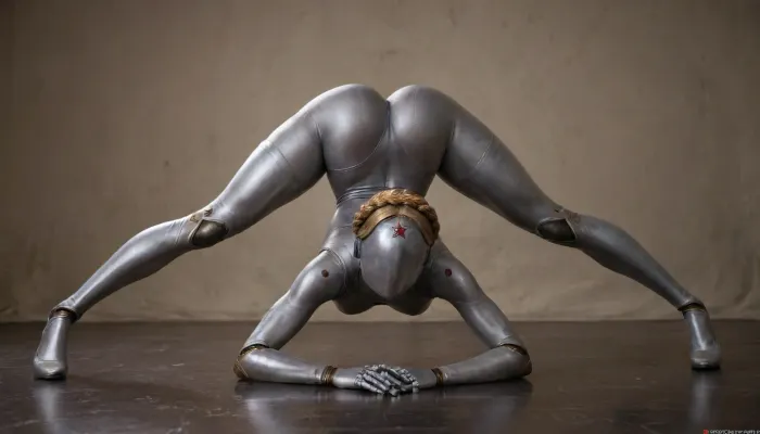 A twin from the game Atomic Heart, posing sexy, caressing her firm silicone breasts, muscular body, long legs, wide hips, athletic build, thin waist, tall, caressing herself, AtomicHeartTwinsCosplay, robot, joints, blond, hair, thighhighs, redstar, on, forehead, bodysuit, thigh, gap, large, breast, reflexion, woman, squat, Jack-O pose, <lora:bombshell_v2:.9>, <lora:AtomicHeartTwinsCosplay_SDXL:2>, <lora:Twins1024:2>, <lora:woman_squat_xl_lora-000031:1.2>