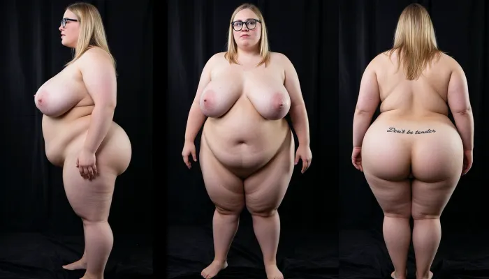 Create a dirty fat old ugly pigslut who is extremely obese. She is an extraordinarily super fat woman, please depict her as so heavy that she can barely move. She is so fat, she has rolls of fat on body and her back. She has extremely huge and saggy tits. Her tits resting at her huge upper abdomen. Her tits are saggy. Her lower abdomen is soft an flabby. ass tattoo in arial letters "Don´t be tender", black velvet background, standing naked, gigantic flabby body, hyper huge fat woman, morbidly obese, fat body, soft belly, enormous big belly, worn out body, fat chubby arms, chubby face, tripple chin, glasses, wide hips, huge ass, lovehandles, extra fat rolls, saggy tits, huge tits, baggy tits, blond hair, (3Split screens, 3split views), (same woman), (((first screen, side view))), (((second screen, front view))), (((third screen, back view)))