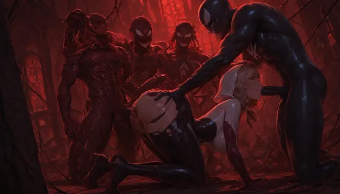 Gwen & Symbiote & Red symbiote sex.
Gwen is a 15 ye4rold, very cute small tits, cute tiny fit ass, very fit curvy body, torn clothes, face looks beat up and bruised from a fight.
Red symbiote is on his knees, has his dick is out, full erection, facing Gwen.
Symbiote is the black version of spiderman, dominant, large muscles, dark and evil looking.
Gwen is on all fours sucking Red symbiote dick.
Symbiote is fucking Gwen from behind, Gwen is sucking Red symbiote., ((full side view, all characters are fully in picture, pussy fuck, dick suck, FMM)), <lora:Spider-Gwen:.8>, Symbiote, Suit, <lora:Symbiote Suit:.8>, spiderman, ps4, spider, web, printing, red, bodysuit, <lora:d0429b4d-4b02-4aad-b9e8-d20d30298f9f (1):.8>