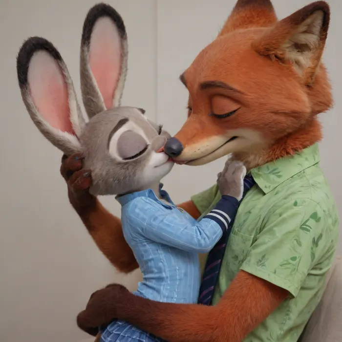 (Furry, Judy Hopps from "Zootopia":1.7), (Furry, Nick Wilde from "Zootopia":1.7), ((Disney)), kissing, cuddling.