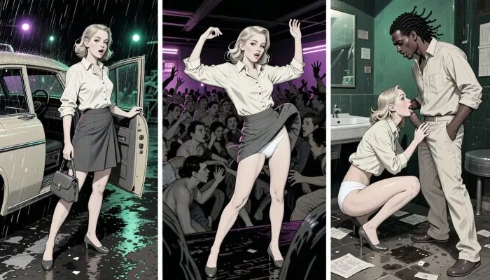 This is is a detailed monochromatic pencil drawing in a classical illustrative style depicts a scene set in 1960s, chaotic nightclub night. Same young woman in all panels, 18 yo, identical face and body, elegant blonde ponystyle hairstyle, in blouse and a flattened skirt, shoes, handbag as recurring object. Left panel, night rain, open taxi door, wet asphalt reflecting green and purple lights, she looks alive and excited, spontaneous start of the night, Center panel, Exactly the same woman, deep inside a dark, crowded club, mosh pit-like energy, tightly packed bodies, almost no free space, she is not posing or isolated, torso leaning forward into the rhythm, arms thrown high in wild motion, head moving, she lifts up the hem of her skirt and showing white panties.A Caribbean man in a dance hugs and touches her.Right panel, nightclub bathroom, dark greenish light, scattered paper, wet floor, dirty sink, She's squatting down and licks the cock of Caribbean man, in open unbuttoned blouse and white panties, bare legs and butt, Caribbean man with a penis, 28 years old, long dreadlocks, dark skin, broad shoulders, light beige open linen shirt, unbuttoned pale linen trousers pulled down to his knees, with mocking face, his hand on her head, Raw, mocking, cum on her face. The overall mood is intense, rendered in fine, expressive line work and subtle shading, evoking the style of 1950s satirical or moralistic illustrations.