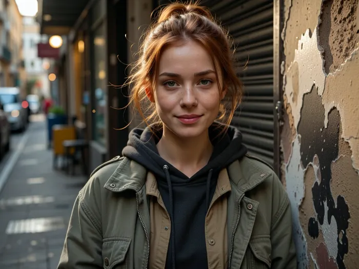 Ultra-realistic cinematic street portrait, exact recreation of the reference composition, an adult woman, 25 years old, positioned slightly right of center in the immediate foreground, framed from approximately mid-torso upward, body angled subtly toward the viewer while her face turns directly toward the lens, relaxed shoulders, calm confident posture, gentle closed-mouth smile, soft warm expression, direct eye contact, delicate natural facial structure, softly defined cheekbones, straight narrow nose, natural lips, deep green eyes, realistic asymmetry and subtle skin imperfections, medium olive-beige complexion with visible pores, fine facial texture and faint natural under-eye detail, long redhead hair loosely tied into a messy low bun, several fine strands falling naturally around her forehead, temples and cheeks, slightly windswept texture, layered worn street clothing, faded olive-gray oversized jacket with visible stitching, seams, creases and subtle stains, dark charcoal hooded sweatshirt beneath it, muted taupe shirt underneath, realistic layered collars and fabric thickness, narrow urban alleyway receding behind her toward the left, weathered wall immediately beside her on the right with peeling paint, rough plaster, graffiti traces and dark irregular patches, closed dark metal roller shutter behind her shoulder, heavily blurred background with indistinct parked vehicles, street furniture and storefront elements, warm golden-hour sunlight entering from behind and above, strong amber rim light tracing her hair and right shoulder, soft natural frontal fill on her face, glowing backlit stray hairs, tiny illuminated dust particles suspended in the air, shallow depth of field, creamy circular bokeh, 50 mm full-frame photographic look, approximately f/1.8, eye-level viewpoint, extremely sharp focus on eyes and facial skin, background strongly defocused, warm cinematic color grading, muted olive, brown and charcoal palette, soft highlight roll-off, realistic dynamic range, subtle film grain, restrained microcontrast, natural optical imperfections, documentary authenticity, photorealistic skin, fabric and masonry textures, natural facial proportions, highly detailed professional editorial photography