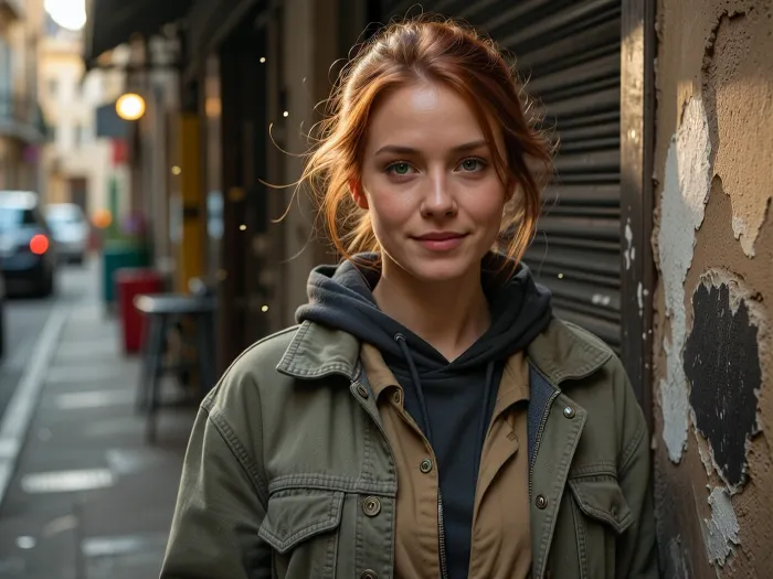 Ultra-realistic cinematic street portrait, exact recreation of the reference composition, an adult woman, 25 years old, positioned slightly right of center in the immediate foreground, framed from approximately mid-torso upward, body angled subtly toward the viewer while her face turns directly toward the lens, relaxed shoulders, calm confident posture, gentle closed-mouth smile, soft warm expression, direct eye contact, delicate natural facial structure, softly defined cheekbones, straight narrow nose, natural lips, deep green eyes, realistic asymmetry and subtle skin imperfections, medium olive-beige complexion with visible pores, fine facial texture and faint natural under-eye detail, long redhead hair loosely tied into a messy low bun, several fine strands falling naturally around her forehead, temples and cheeks, slightly windswept texture, layered worn street clothing, faded olive-gray oversized jacket with visible stitching, seams, creases and subtle stains, dark charcoal hooded sweatshirt beneath it, muted taupe shirt underneath, realistic layered collars and fabric thickness, narrow urban alleyway receding behind her toward the left, weathered wall immediately beside her on the right with peeling paint, rough plaster, graffiti traces and dark irregular patches, closed dark metal roller shutter behind her shoulder, heavily blurred background with indistinct parked vehicles, street furniture and storefront elements, warm golden-hour sunlight entering from behind and above, strong amber rim light tracing her hair and right shoulder, soft natural frontal fill on her face, glowing backlit stray hairs, tiny illuminated dust particles suspended in the air, shallow depth of field, creamy circular bokeh, 50 mm full-frame photographic look, approximately f/1.8, eye-level viewpoint, extremely sharp focus on eyes and facial skin, background strongly defocused, warm cinematic color grading, muted olive, brown and charcoal palette, soft highlight roll-off, realistic dynamic range, subtle film grain, restrained microcontrast, natural optical imperfections, documentary authenticity, photorealistic skin, fabric and masonry textures, natural facial proportions, highly detailed professional editorial photography