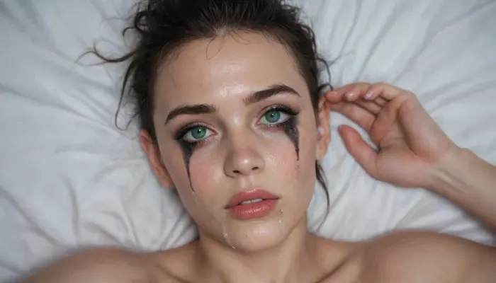 Close up of face, realistic, adorable, beautiful, 21yo goth girl, green eyes, innocent eyes, scared facial expression, crying, black mohawk hair with shaved sides, wild hair, messy hair, thick lips, black lipstick, black mascara, smeared lipstick, ruined makeup, soft pale skin, wet skin, sweaty, nude, cum on face, (on bed), (laying down), (on back), (crying)