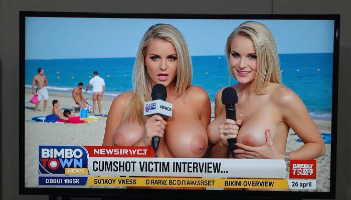 TV screen, news show, sexy girl, Ukrainian blonde sensuous female news anchor на нудистском пляже с микрофоном, two, revealing giant naked breasts, news ticker, 18 yo., co-anchor, BIMBO TOWN news, "CUMSHOT VICTIM INTERVIEW...", "BIKINI OVERVIEW" "26 april".