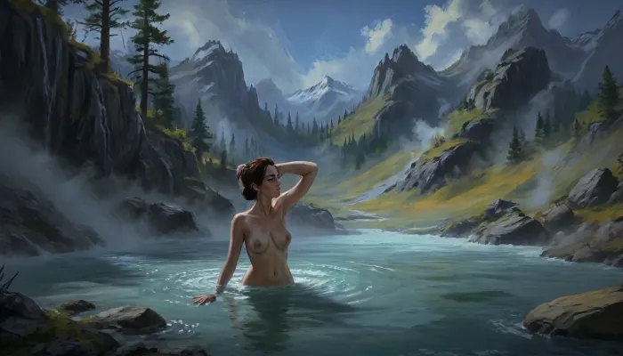one woman, 40 year old, naked, sexy pose, hands behind head, bathing hot springs sulfur water, (sunny daytime, medieval wilderness, flat terrain, lowlands, skyrim eastmarch), very close view, (artwork, digital painting, fantasy art, loading screen art style), <lora:SumTim:.1>, <lora:J_cartoon:.2>, <lora:Sinister_Style_SDXL:.1>, <lora:EnvyAnimeDigitalPaintingXL01:.1>