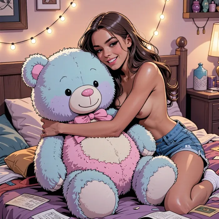 Medium shot of a young beautiful woman with expression of cozy happiness, sitting on a messy bed, hugging a huge fluffy pastel-colored plush bear toy. Modern graphic novel illustration style, crisp clean ink lineart, vibrant cel shading, highly detailed room background with fairylights. Warm soft lighting, cinematic composition, masterful coloring, pop art aesthetic, trending on ArtStation, 8k resolution, flawless anatomy, high-quality vector art, exquisite comic book page artwork.