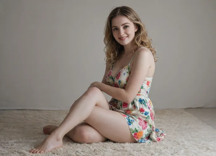 (1 Young adult woman:1.2), (petite:1.2), only 1 woman, slim girl, hourglass body, (fullbody view:1.5), (white skin:2.3), (pale skin:1.8), (young smooth skin:1.5), (softened youthful skin:1.4), blonde hair, long hair, soft wavy hair, (young face:1.6), (tender face:1.6), (large breasts:1.2), (busty boobs:1.2), (thick legs:1.3), (wide hips:1.2), perfect hands, feminine hands.

Sitting comfortably directly on an elegant plush white rug, relaxed pose, one leg folded under her, the other bent in front, holding her knee with both hands, (joyful expression:1.4), (happy and passionate expression:1.5), (pleasurable expression of enjoyment:1.4), (playful coquettish smile:1.5), (flirtatious model expression:1.5), (passionate fashion model gaze:1.5), sparkling happy eyes, slightly parted lips, confident and alluring gaze toward the camera, expressive face showing genuine enjoyment and delight, natural seductive charm, playful confident body language, barefoot.

Wearing a, (very youthful colorful dress:1.6), (bright multicolored dress:1.5), (playful modern dress:1.4), cheerful vibrant colors, colorful floral-inspired pattern, fresh youthful design, cute feminine style, lightweight flowing fabric, flattering fitted waist, short-to-midi youthful dress length, fashionable and fun appearance, bare legs, no shoes., (professional modern photography studio:1.6), (minimalist contemporary studio:1.5), clean uncluttered composition, spacious studio environment, seamless smooth backdrop with tasteful pastel and vibrant color accents, soft lavender, light pink, turquoise and subtle yellow decorative elements, modern colorful studio aesthetic, elegant contemporary styling, (bright white studio lighting:1.5), large professional softboxes, soft diffused illumination, clean natural shadows, balanced exposure, crisp modern digital photography, fresh vibrant color rendering, accurate skin tones, high color clarity, polished fashion editorial photography, (elegant plush white rug:1.5), (luxurious fluffy white rug:1.4), thick soft shaggy texture, pristine white fibers, sophisticated elegant appearance, rug clearly visible beneath and around her, (elegant feminine makeup:1.4), (natural polished makeup:1.3), subtle foundation, softly defined eyes, natural eyelashes, soft pink lips, refined facial features, photorealistic, sharp focus, ultra-detailed, contemporary high-end fashion photography, [lora], (igbaddie-XL:.5), (SDXL_BetterFaces-LoRA_v1:.7), (Beautify-Supermodel-SDXL:.6), midjourney, dark, style, <lora:Midjourney_Art-000009:.5>
