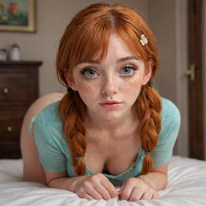 22 year old instagram influencer, perfect face, high pigtails, cute hair clips, orange hair, fat ass, large hips, score_9, score_8_up, score_7_up, score_6_up, heavy e-girl blush makeup, heavy blush and freckles makeup, makeup smeared, kneeling on both knees on the floor, hands behind back, freckles all over body, pale skin, sweaty, top down view, her face close to camera, facial from big black cock, cum covered face