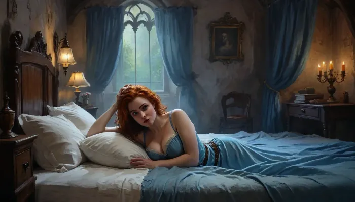 (one woman, Mirabelle Monet from Oblivion, french, mature 40 year old, ginger hair, small breasts, chubby), (wearing sky blue revealing dress with brown laced bodice corset), (inside medieval inn, laying sideways on a bed, leaning head on arm, hand behind head), (other hand squeezing breast), (artwork, digital painting, fantasy art, loading screen art style), <lora:J_cartoon:.1>, <lora:EnvyAnimeDigitalPaintingXL01:.1>, <lora:Sinister_Style_SDXL:.1>