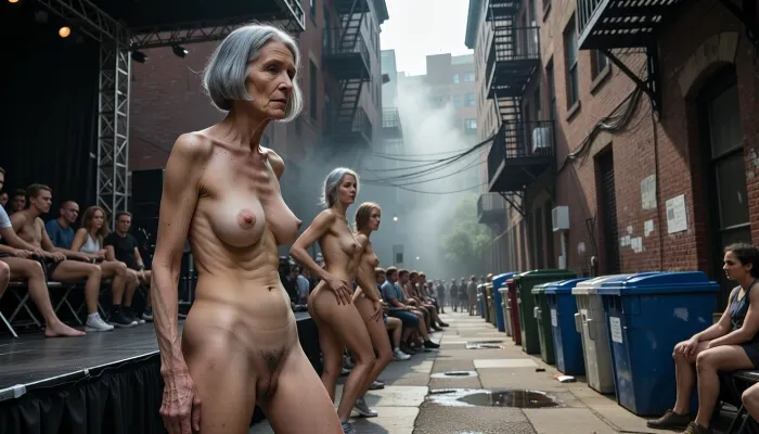 (full body view), (ultrarealistic photography), miss nude contest on an outdoor stage, some, (aged women, 100 years old:1.8), . Skin is that of a 100-year-old woman. The old ladies have grey hair, (Small, long, and very saggy breasts:1.8), ((very detailed, very old skin)), . Hair short cut in a bob on stage, realistic detailed faces, girls walk through the audience to the stage, defile, girls let themselves be touched by the audience, the audience touches women, all women are touched on their hips, asses and breasts, very shy, all women with shaved pussy, many spectators, sunny summer day

cinematic shot of a narrow, gritty urban alleyway, dimly lit with thick atmospheric fog and haze, towering old brick buildings on both sides, complex network of dark metal fire escapes and tangled electrical wires overhead, row of dirty plastic trash dumpsters lining the alley wall, rough textured pavement, moody and melancholic lighting, hyper-realistic, highly detailed, desaturated color palette with muted tones, industrial decay, gloomy atmosphere, 8k resolution, volumetric lighting, photorealistic, depth of field, sharp focus on the alley perspective.